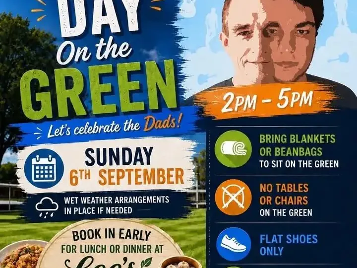Father's Day on the Green promotional poster — Sunday 6 September, 2pm to 5pm, free live music by Snape & Son