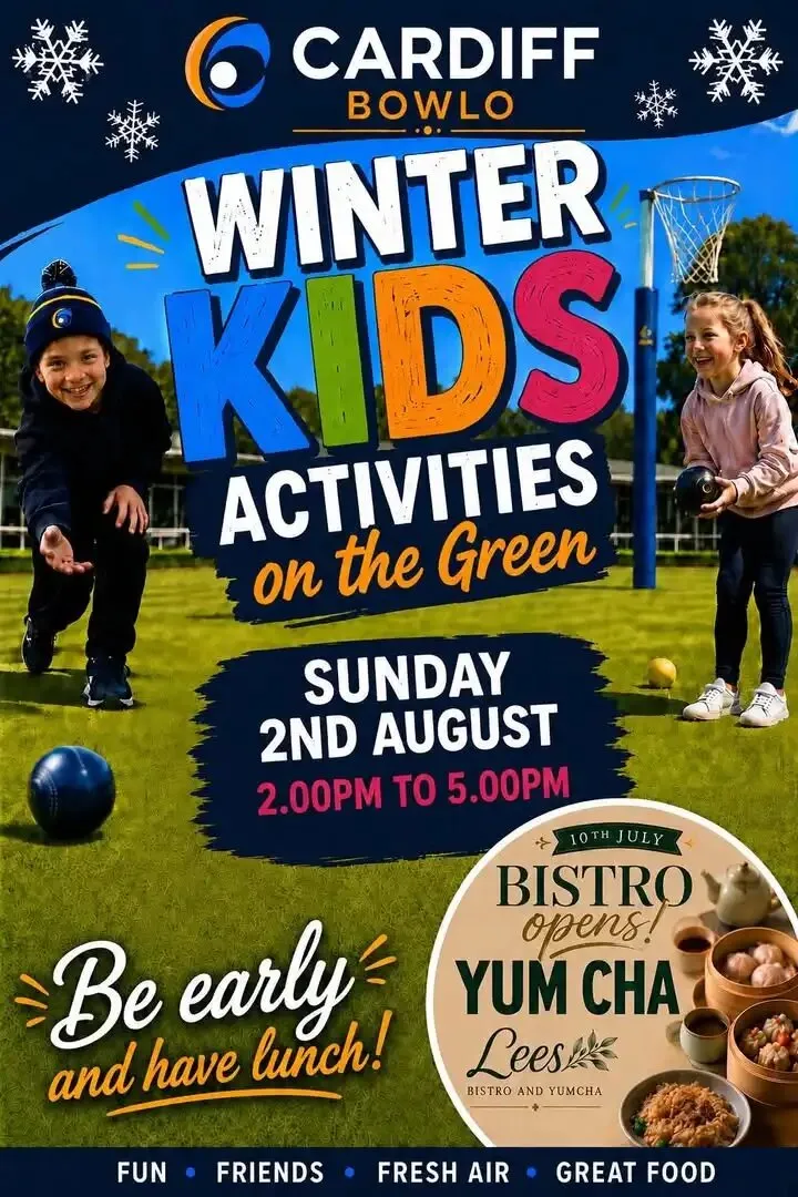 Two children playing lawn bowls on the green during Winter Kids Activities at Cardiff Bowlo